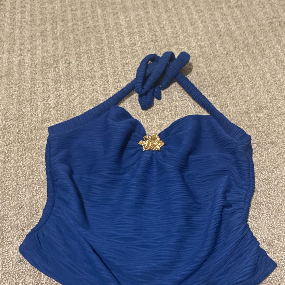 Elegant Blue Halter Top with Gold Accent